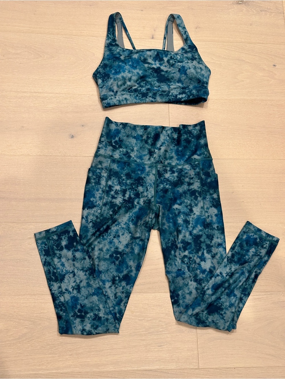 Athleta Blue Tie-Dye High-Waist Leggings with Matching Sports Bra